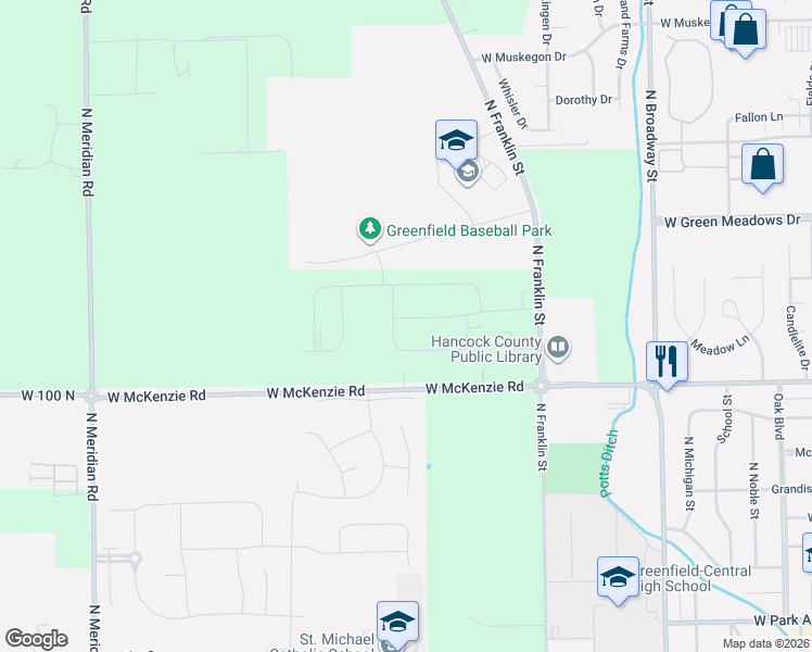 map of restaurants, bars, coffee shops, grocery stores, and more near 1329 McBride Street in Greenfield