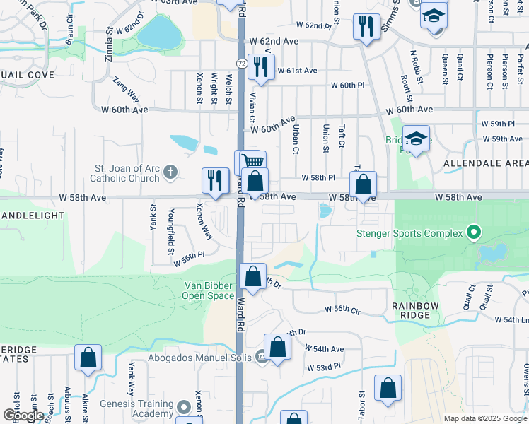 map of restaurants, bars, coffee shops, grocery stores, and more near 12283 West 57th Lane in Arvada