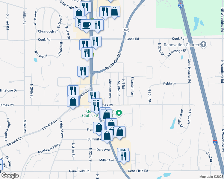 map of restaurants, bars, coffee shops, grocery stores, and more near 3325 Chatham Avenue in Saint Joseph