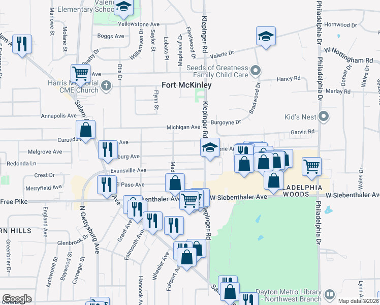 map of restaurants, bars, coffee shops, grocery stores, and more near 3529 Pittsburg Avenue in Dayton