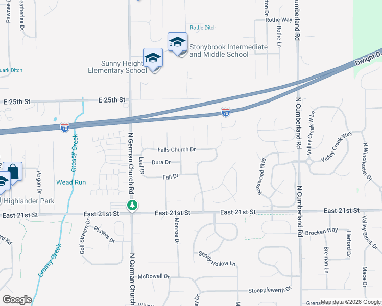 map of restaurants, bars, coffee shops, grocery stores, and more near 11227 Falls Church Drive in Indianapolis