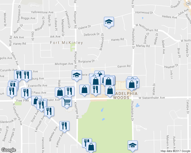 map of restaurants, bars, coffee shops, grocery stores, and more near 3260 Valerie Arms Drive in Dayton