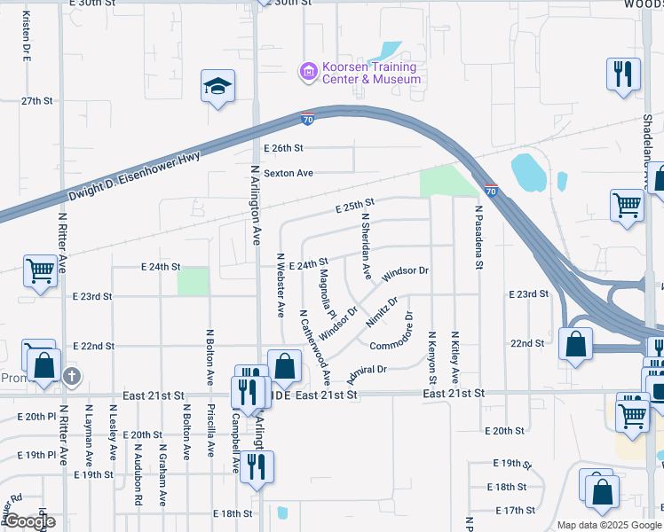 map of restaurants, bars, coffee shops, grocery stores, and more near 6137 East 24th Street in Indianapolis