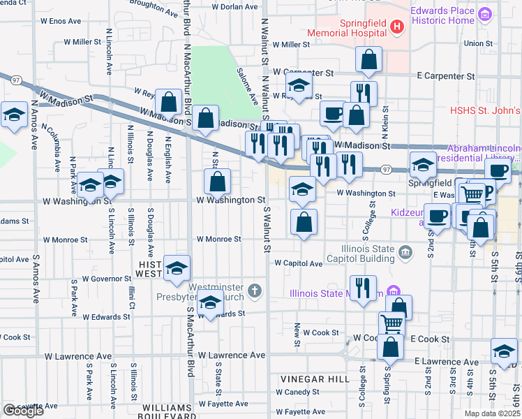 map of restaurants, bars, coffee shops, grocery stores, and more near 115 South Walnut Street in Springfield