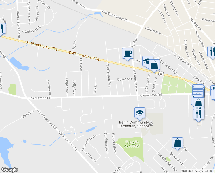 map of restaurants, bars, coffee shops, grocery stores, and more near 36 South Arlington Avenue in Berlin