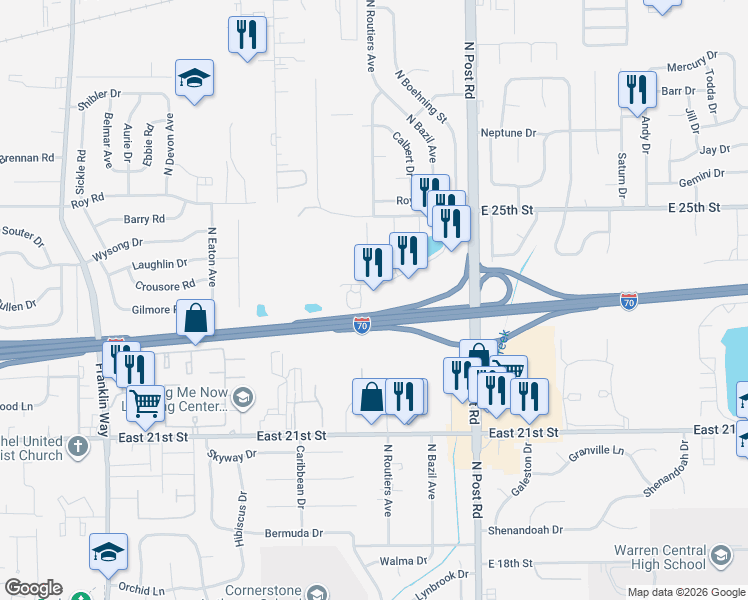 map of restaurants, bars, coffee shops, grocery stores, and more near 2315 Post Drive in Indianapolis