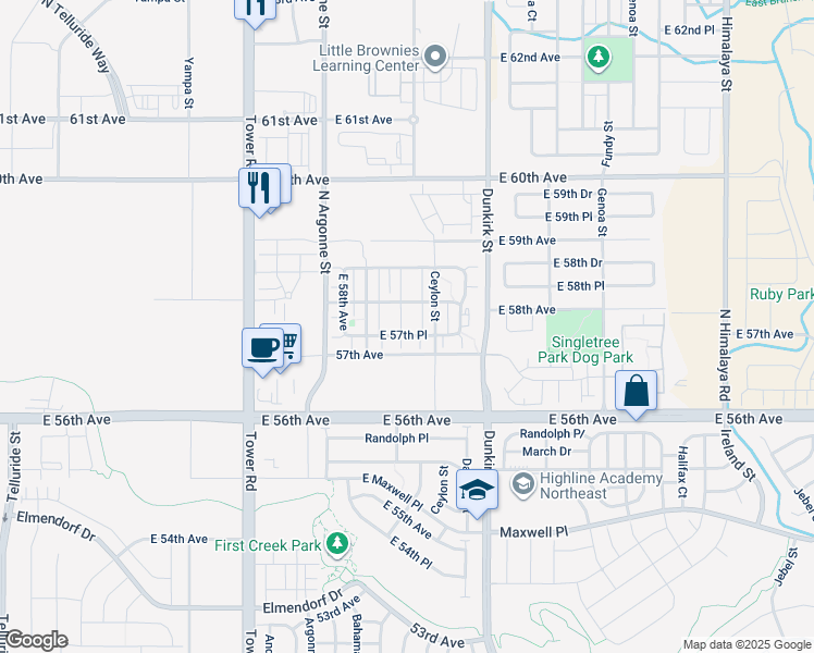 map of restaurants, bars, coffee shops, grocery stores, and more near 19017 East 57th Place in Denver