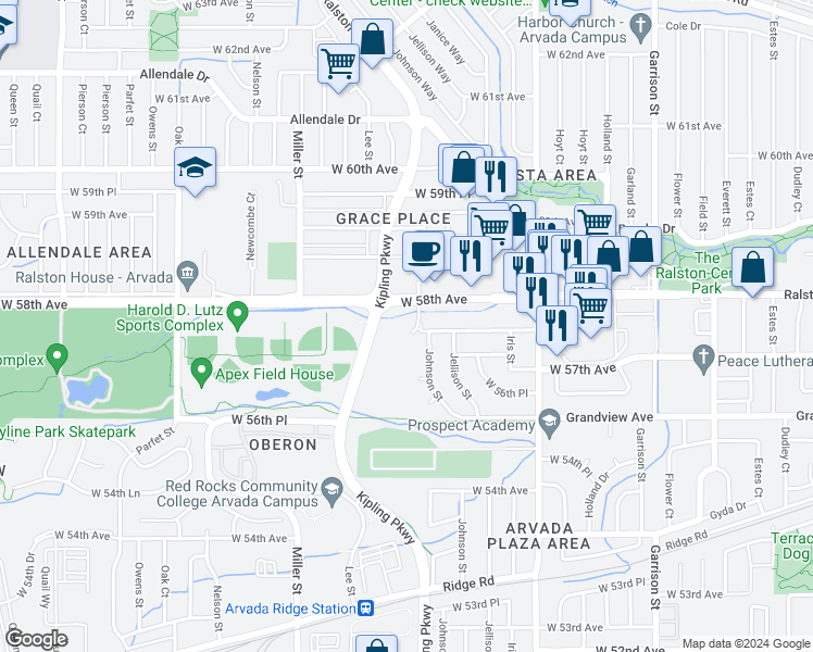 map of restaurants, bars, coffee shops, grocery stores, and more near 5750 Kipling Street in Arvada
