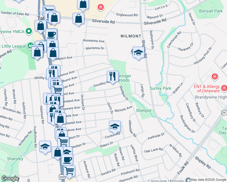 map of restaurants, bars, coffee shops, grocery stores, and more near 406 Concord Avenue in Wilmington