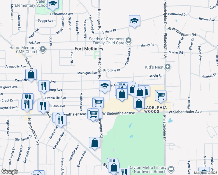 map of restaurants, bars, coffee shops, grocery stores, and more near 3400 Valerie Arms Drive in Dayton