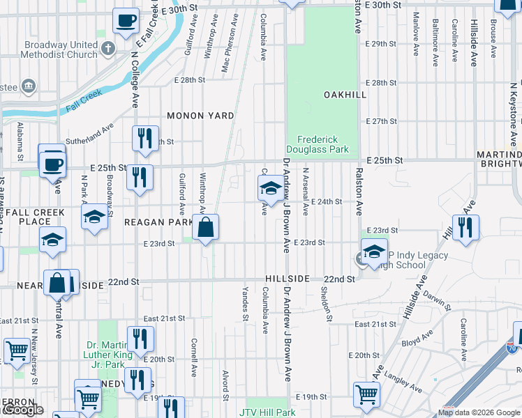 map of restaurants, bars, coffee shops, grocery stores, and more near 2352 Columbia Avenue in Indianapolis