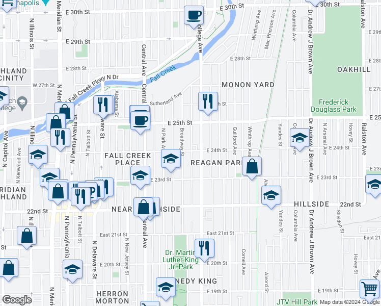 map of restaurants, bars, coffee shops, grocery stores, and more near 2356 North College Avenue in Indianapolis