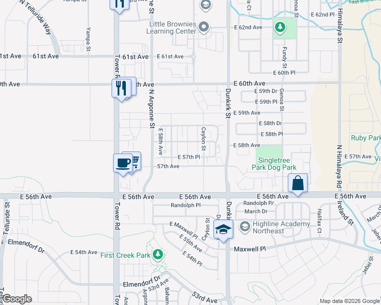 map of restaurants, bars, coffee shops, grocery stores, and more near 19017 East 57th Place in Denver