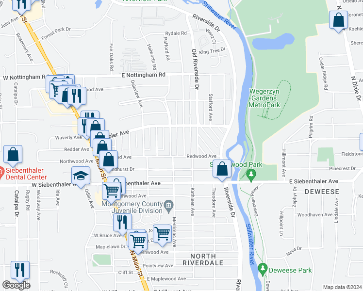 map of restaurants, bars, coffee shops, grocery stores, and more near 23 Fer Don Road in Dayton