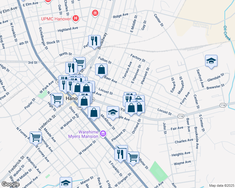 map of restaurants, bars, coffee shops, grocery stores, and more near 232 Locust Street in Hanover