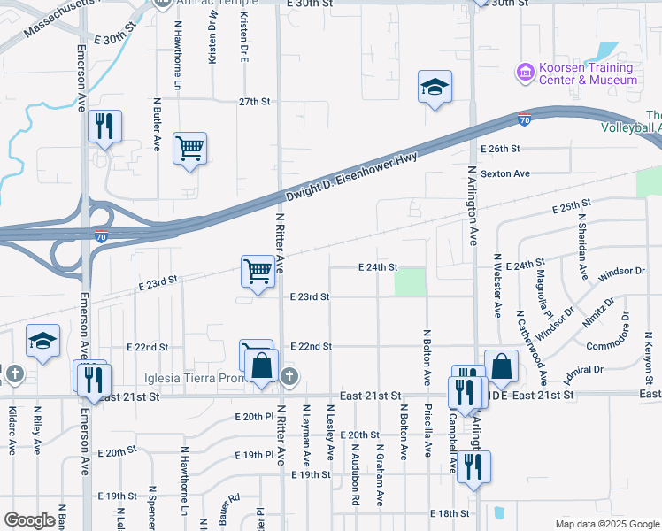 map of restaurants, bars, coffee shops, grocery stores, and more near 5604 East 24th Street in Indianapolis
