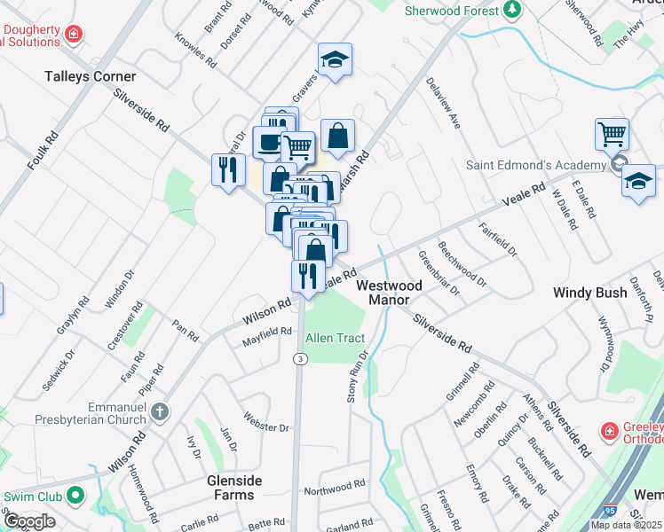 map of restaurants, bars, coffee shops, grocery stores, and more near 2106 Silverside Road in Wilmington
