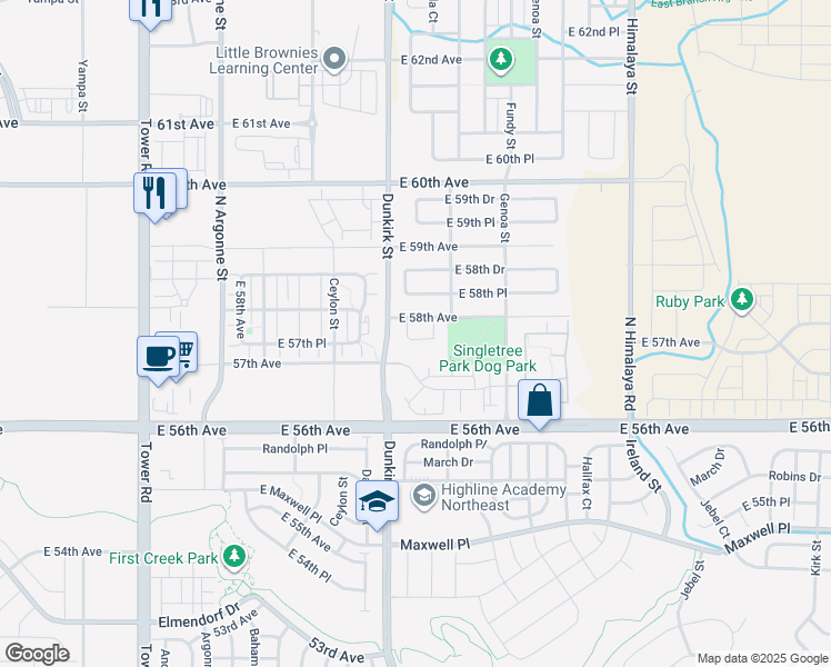 map of restaurants, bars, coffee shops, grocery stores, and more near 19431 East 58th Circle in Aurora