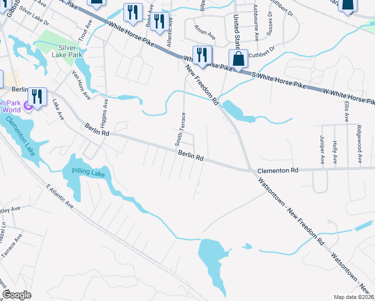 map of restaurants, bars, coffee shops, grocery stores, and more near 565 Berlin Road in Clementon