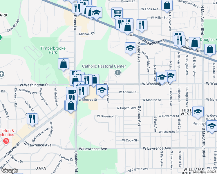 map of restaurants, bars, coffee shops, grocery stores, and more near 112 Stange Avenue in Springfield