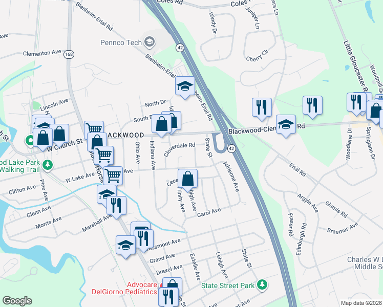 map of restaurants, bars, coffee shops, grocery stores, and more near 12 Trinity Lane in Camden County