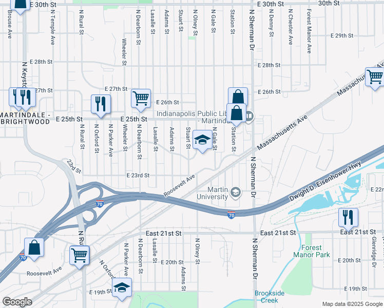 map of restaurants, bars, coffee shops, grocery stores, and more near 2353 Stuart Street in Indianapolis