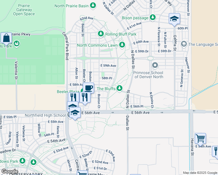 map of restaurants, bars, coffee shops, grocery stores, and more near 5773 Chester Way in Denver