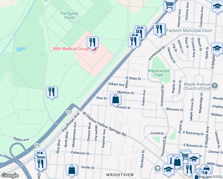 map of restaurants, bars, coffee shops, grocery stores, and more near 355 Madison Street in Fairborn