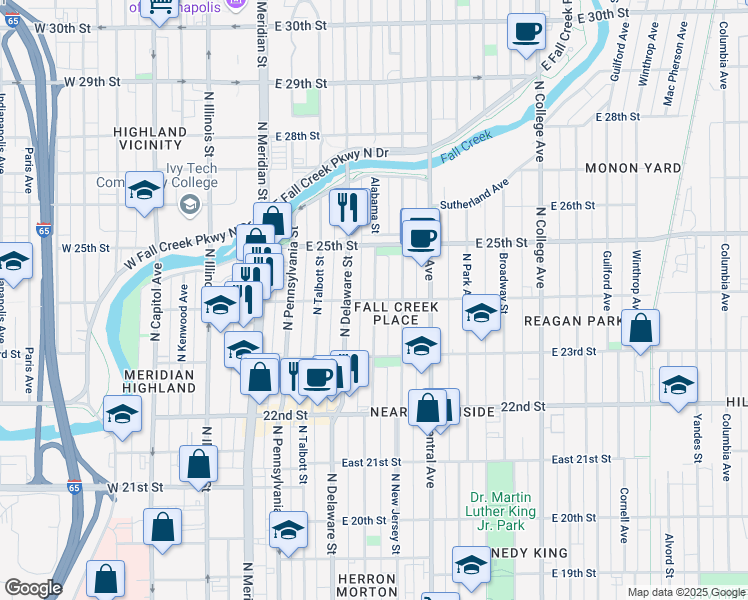 map of restaurants, bars, coffee shops, grocery stores, and more near 2400 Alabama Street in Indianapolis