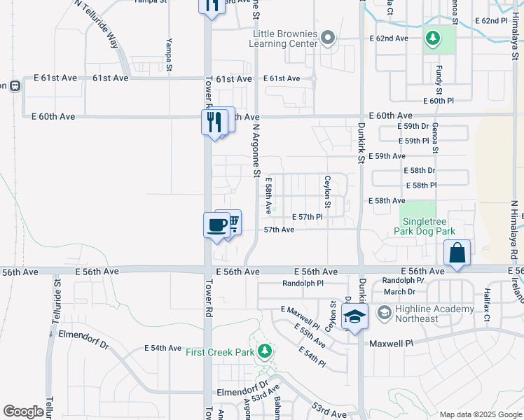 map of restaurants, bars, coffee shops, grocery stores, and more near 18817 Argonne Street in Denver