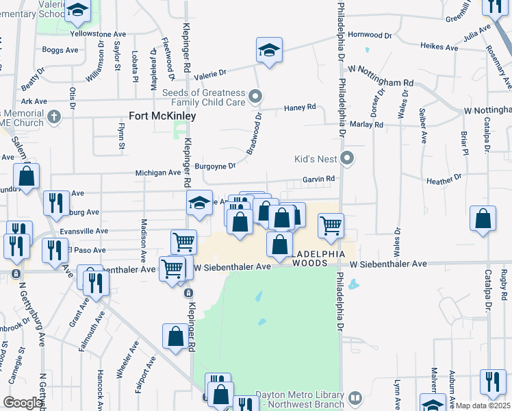 map of restaurants, bars, coffee shops, grocery stores, and more near 3200 Valerie Arms Drive in Dayton