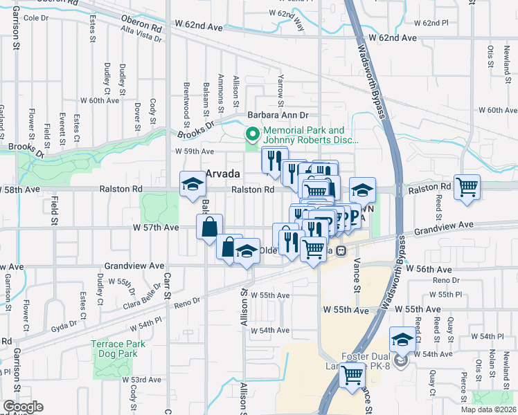 map of restaurants, bars, coffee shops, grocery stores, and more near 5711 Zephyr Street in Arvada