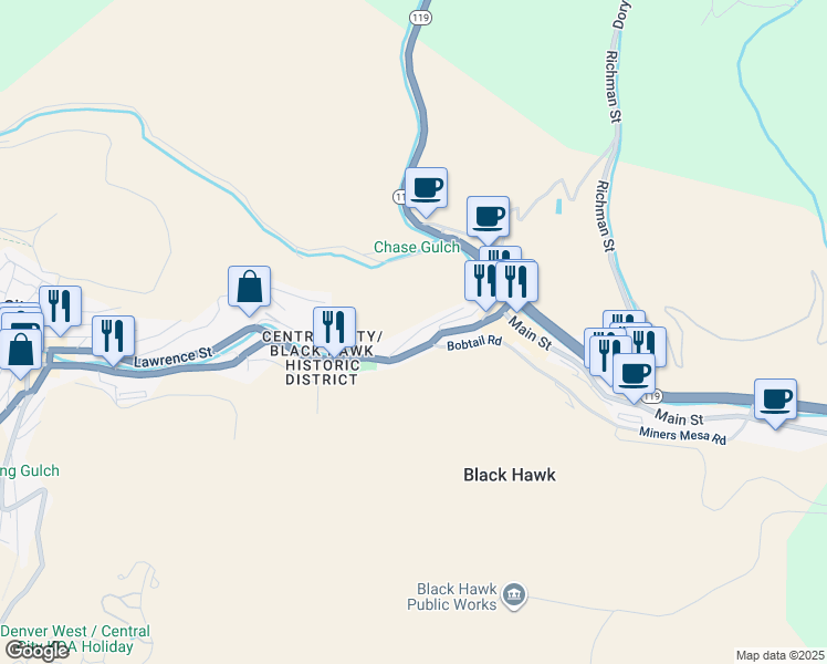 map of restaurants, bars, coffee shops, grocery stores, and more near 321 High Street in Black Hawk