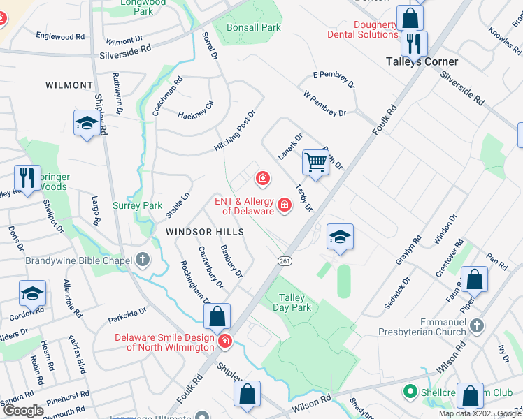 map of restaurants, bars, coffee shops, grocery stores, and more near 1403 Foulk Road in Wilmington