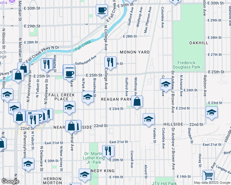 map of restaurants, bars, coffee shops, grocery stores, and more near 2358 Carrollton Avenue in Indianapolis