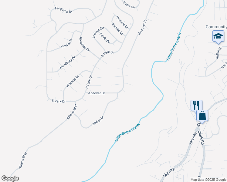 map of restaurants, bars, coffee shops, grocery stores, and more near 13587 Andover Drive in Magalia