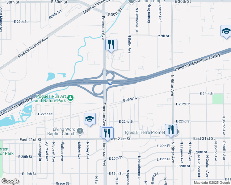 map of restaurants, bars, coffee shops, grocery stores, and more near 2325 North Leland Avenue in Indianapolis