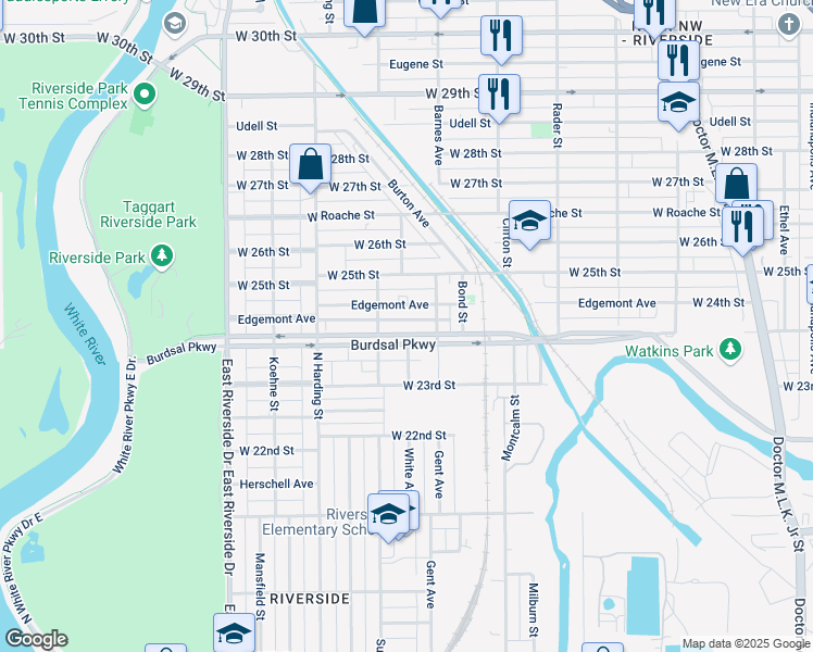 map of restaurants, bars, coffee shops, grocery stores, and more near 1234 Burdsal Parkway in Indianapolis
