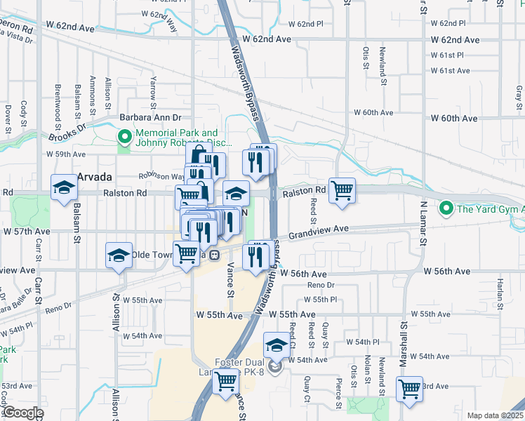 map of restaurants, bars, coffee shops, grocery stores, and more near 5773 Wadsworth Bypass in Arvada