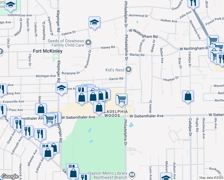 map of restaurants, bars, coffee shops, grocery stores, and more near 3100 Valerie Arms Drive in Dayton