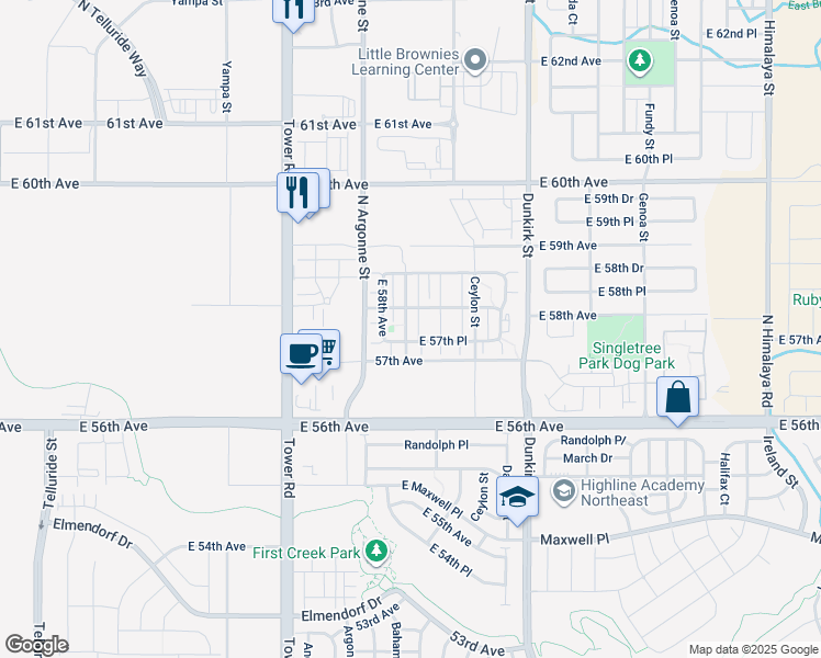 map of restaurants, bars, coffee shops, grocery stores, and more near 5768 Biscay Street in Denver