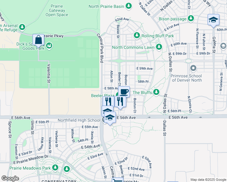 map of restaurants, bars, coffee shops, grocery stores, and more near 5784 Alton Street in Denver