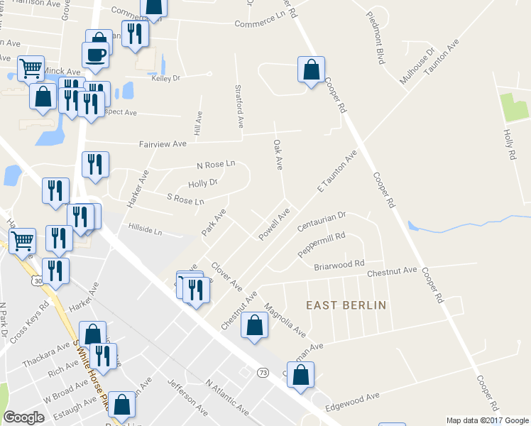 map of restaurants, bars, coffee shops, grocery stores, and more near 27 Oak Court in West Berlin