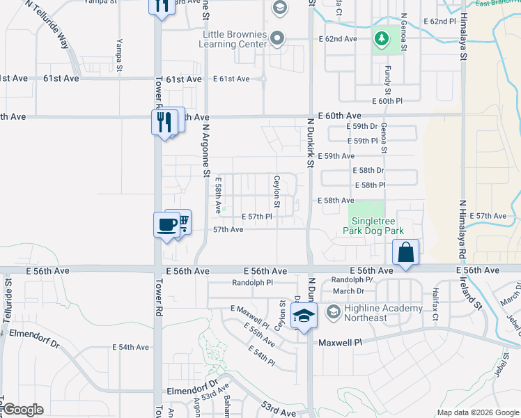 map of restaurants, bars, coffee shops, grocery stores, and more near 19017 East 57th Place in Denver