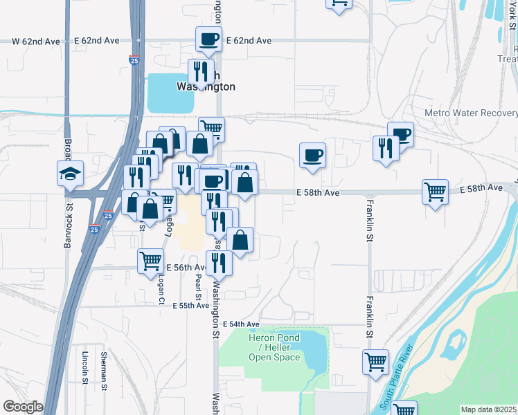 map of restaurants, bars, coffee shops, grocery stores, and more near 5751 Emerson Street in Denver