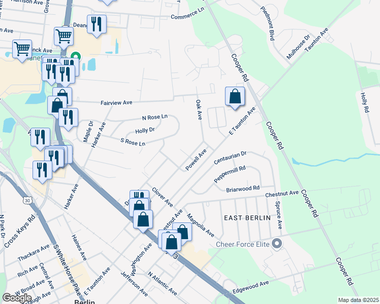 map of restaurants, bars, coffee shops, grocery stores, and more near 27 Oak Court in West Berlin