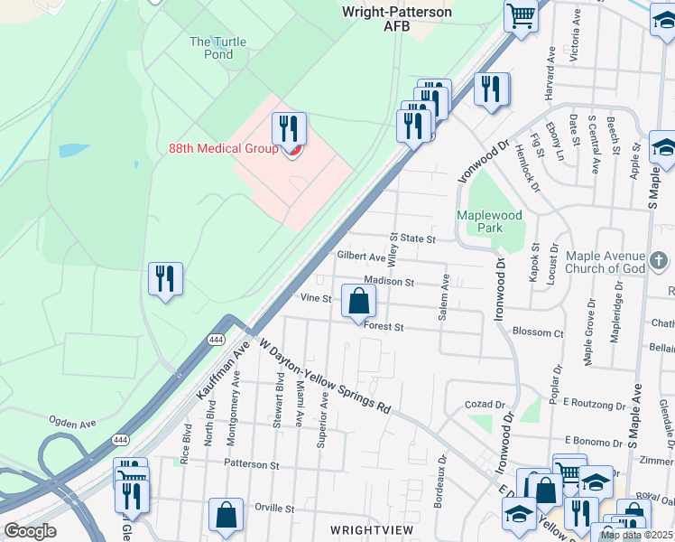 map of restaurants, bars, coffee shops, grocery stores, and more near 355 Madison Street in Fairborn