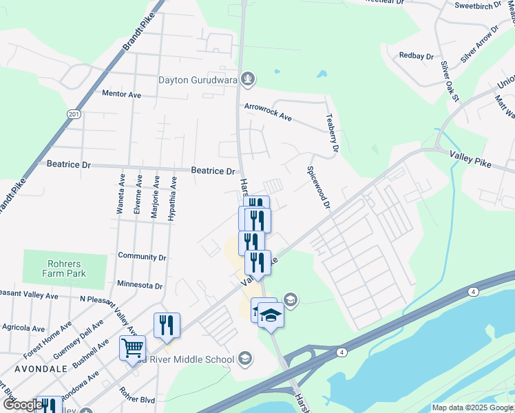 map of restaurants, bars, coffee shops, grocery stores, and more near 3 North Woodman Drive in Dayton