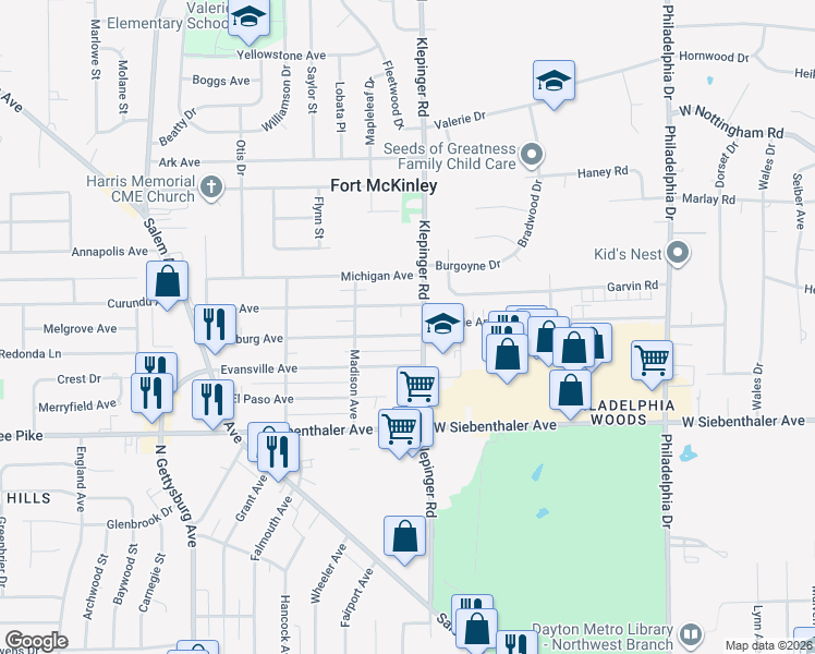 map of restaurants, bars, coffee shops, grocery stores, and more near 3529 Pittsburg Avenue in Dayton