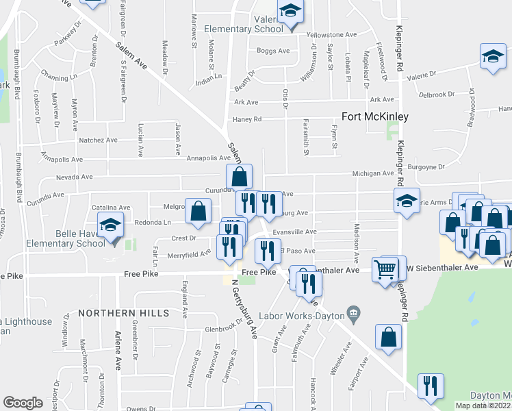 map of restaurants, bars, coffee shops, grocery stores, and more near 3977 Salem Avenue in Dayton